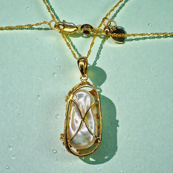 VINTAGE- 14K Gold -Baroque Pearl & Diamond Necklace -21" Brutalist Freeform-3.9g - Picture 4 of 16